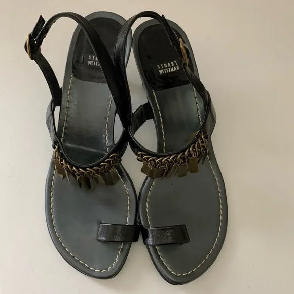 Stuart Weitzman Heeled Toe Ring Sandals with Bronze Metal Fringe, US W6 - Picture 2 of 12